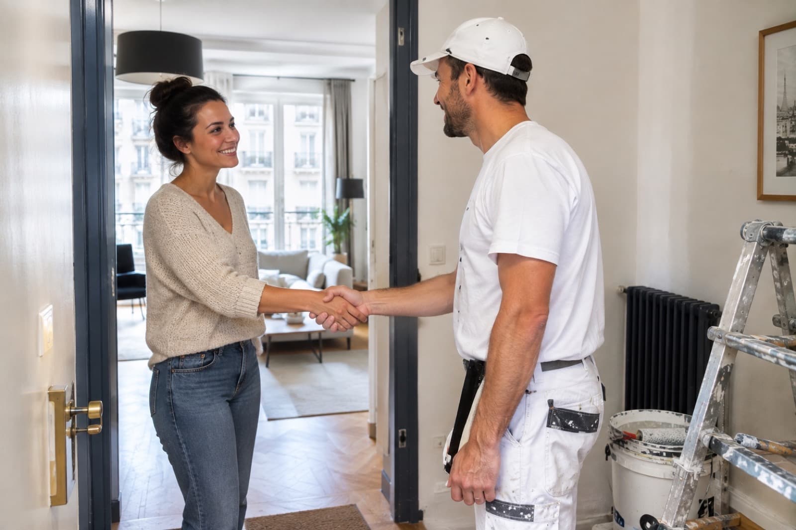Artisan peintre au travail lors d'une rénovation d'appartement à Paris
